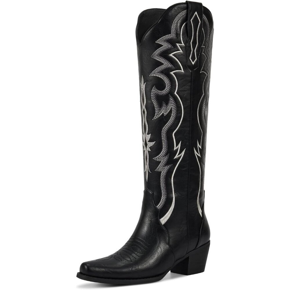⚡Women Matte Black Faux Leather Cowgirl  Knee High Chunky Heel Pointed Toe Boots